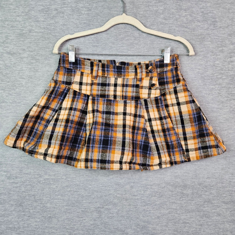 Free People Plaid Pleated Mini Skort Orange Blue Cotton Women's Size 4